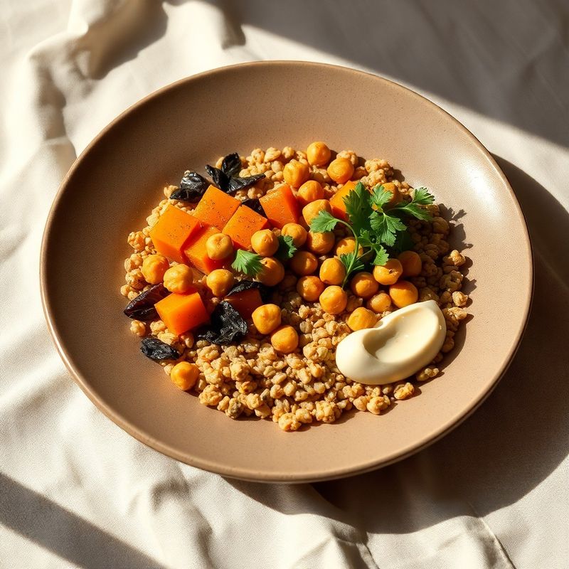 A finished freekeh bowl with roasted butternut and crispy chickpeas