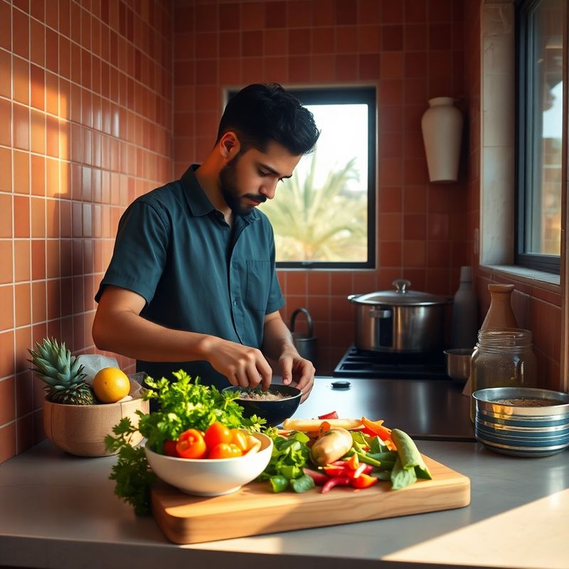 A cook preparing lunch in the small Sparkybeta prep kitchen