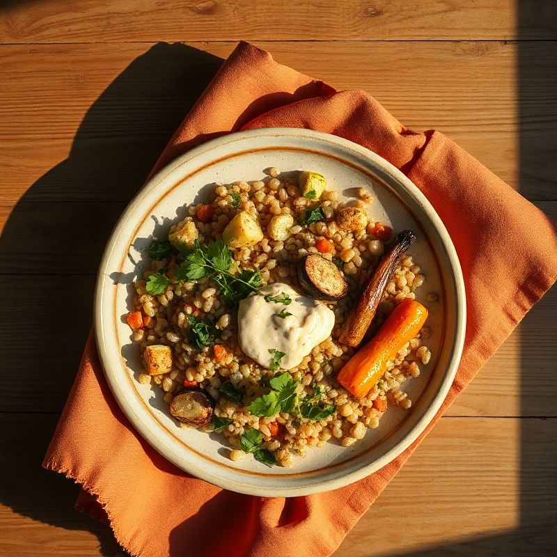 A seasonal grain bowl with roasted vegetables and tahini dressing