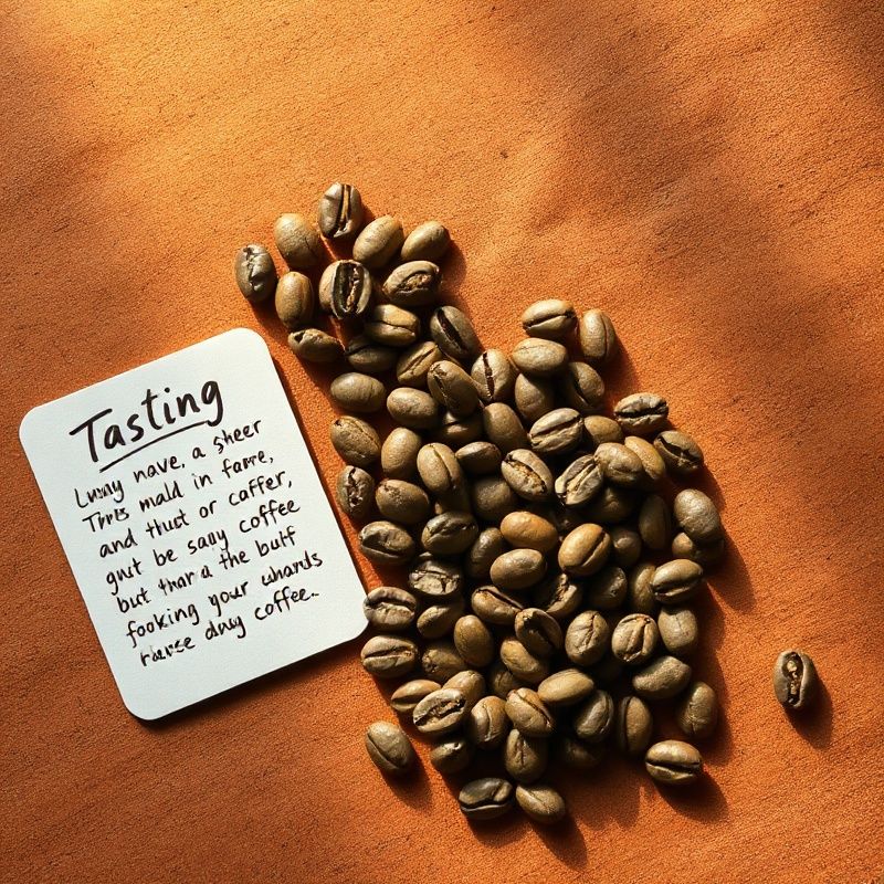 Green coffee beans on hessian cloth beside a handwritten tasting note