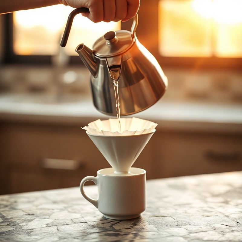 Hands pouring water from a gooseneck kettle over a V60 dripper