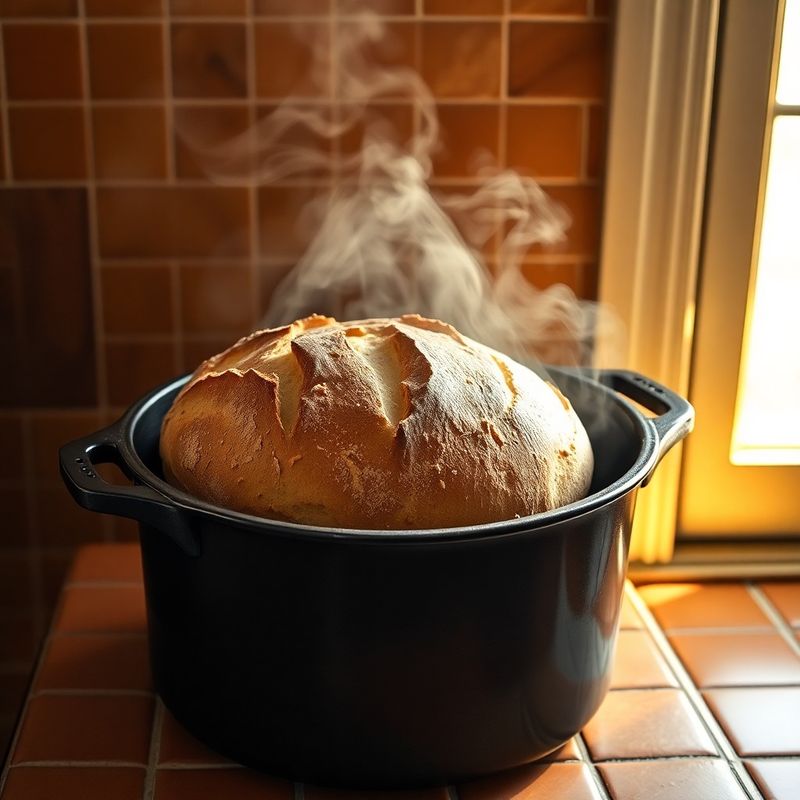 A scored sourdough country loaf in a cast-iron combo cooker