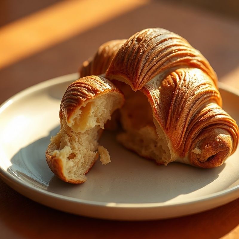A torn-open croissant revealing honeycomb layers