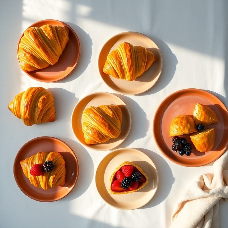 Freshly baked croissants and fruit tarts on terracotta plates
